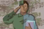 Illustration of figure, half in military garb, the other half in civilian clothes
