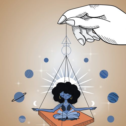 Illustration by Natasha McDonald of woman meditating surrounded by planets