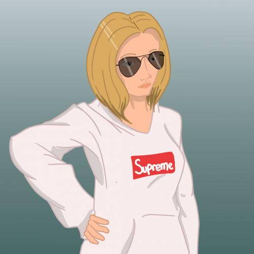 Illustration of woman wearing a white supreme hoodie.