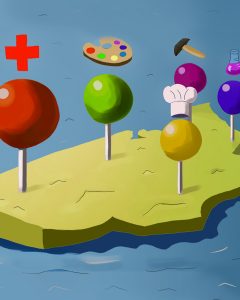 An illustration by Andrew Moghab of the United States with pins placed in various locations indicating an occupation or field of work