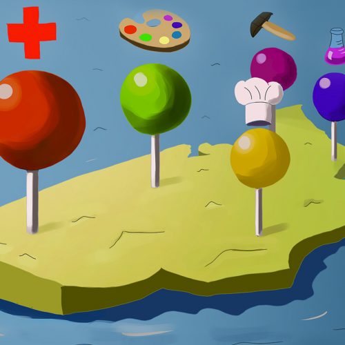 An illustration by Andrew Moghab of the United States with pins placed in various locations indicating an occupation or field of work
