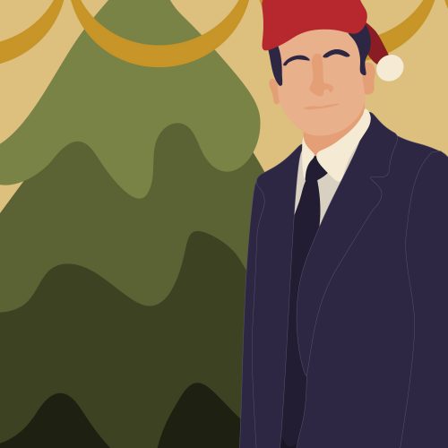 An illustration by Natasha McDonald of an abstracted Michael Scott of 'The Office' by a Christmas tree.