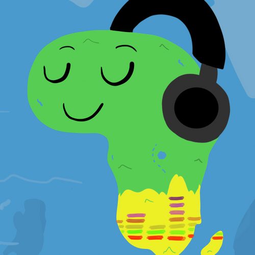 Illustration by Andrew Moghab of a cartoon continent of South Africa with headphones on