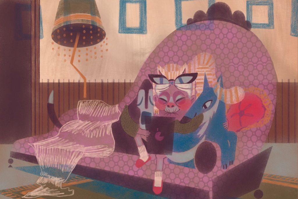 Illustration of women sitting with pet