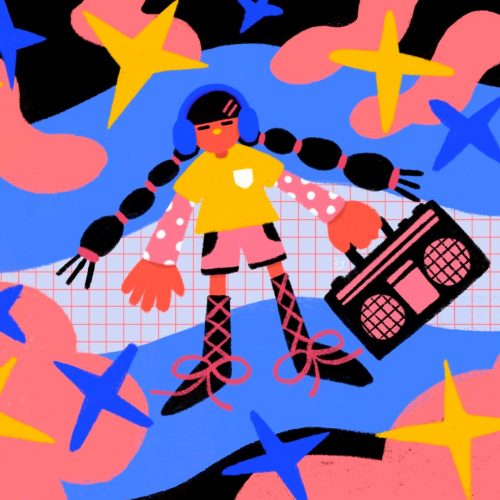 Illustration by Yao Jian a woman in pigtails with a boom box
