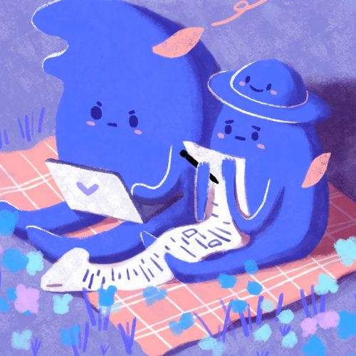 Illustration by Yao Jian on three blue creatures reading on a laptop and a long scroll