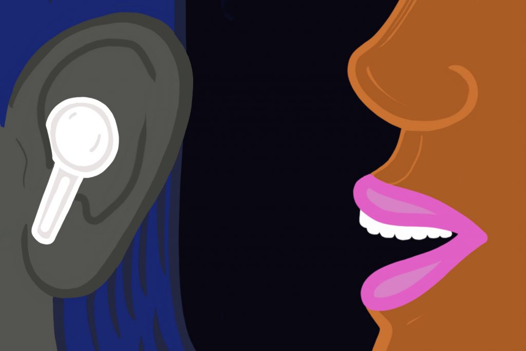 Illustration of a woman talking to an ear with AirPods in it
