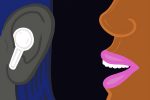 Illustration of a woman talking to an ear with AirPods in it