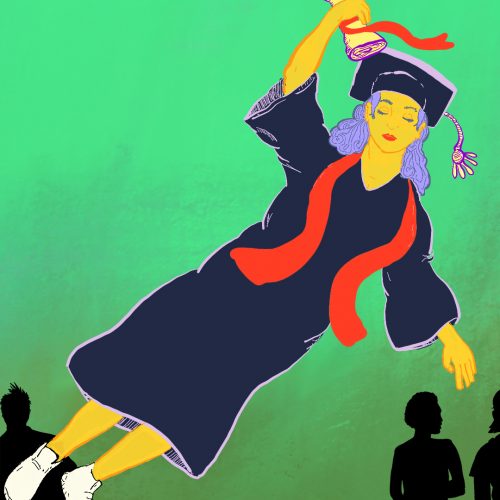 Illustration by Enacio Diaz of someone wearing a graduation cap and gown flying away