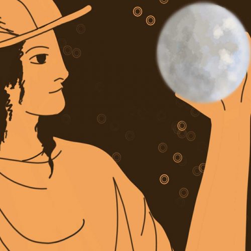 Ancient Greek-style illustration of Roman god Mercury holding up the planet Mercury