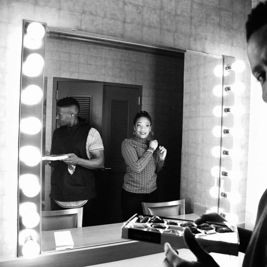 A behind the scenes photo from She Ready tour of Tiffany Haddish, seen here with fellow comedian Godfrey