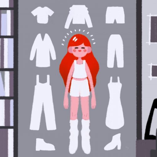 Illustration by Yao Jian of student surrounded by clothes