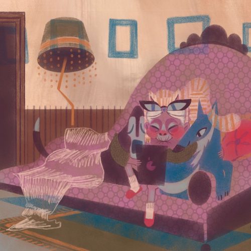 Illustration by Francesca Mahaney of an older woman on a couch watching videos on an iPad, snuggled next to two dogs