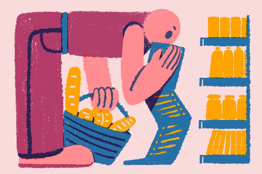 An illustration by Yao Jian of a figure buying food at a Trader Joe's