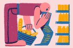 An illustration by Yao Jian of a figure buying food at a Trader Joe's