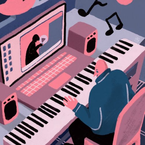 Illustration by Yao Jian of a person playing a keyboard in front of a computer with a tutorial on
