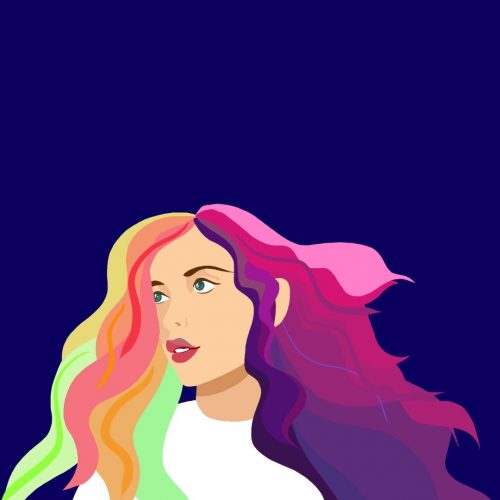 Illustration by Sarah Yu of a woman with a multicolored wig