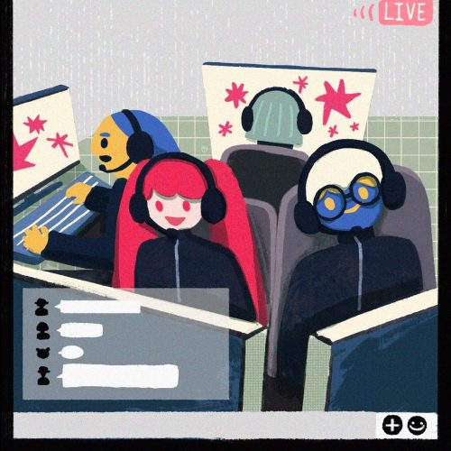 Illustration by Yao Jian of people playing computer games