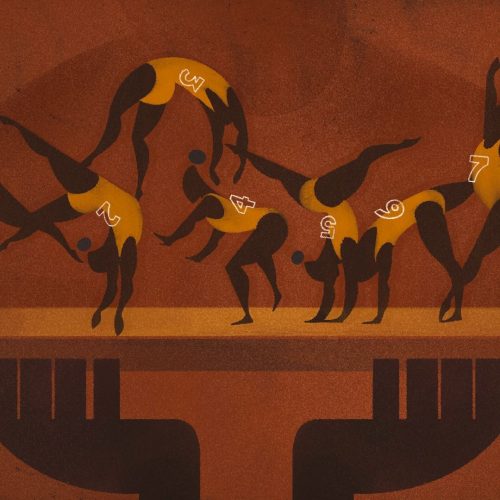 Illustration by Francesca Mahaney of six gymnasts 