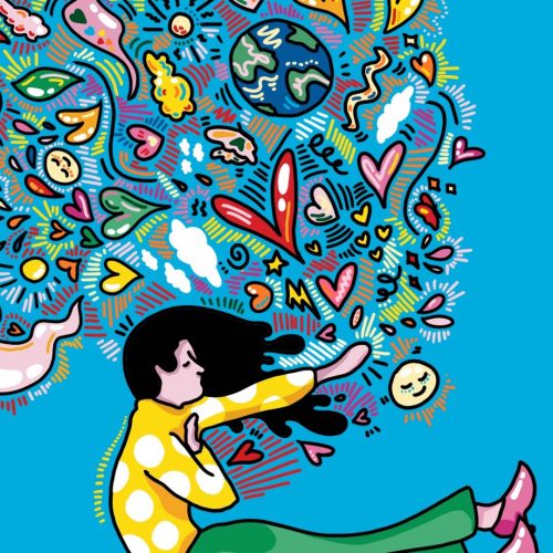 Illustration by Sarah Yu of woman in front of abstract symbols connoting peace