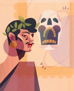 Illustration by Francesca Mahaney of a man wearing a laurel wreath, a tunic with a skull in the background