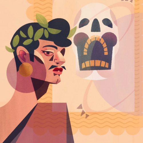 Illustration by Francesca Mahaney of a man wearing a laurel wreath, a tunic with a skull in the background