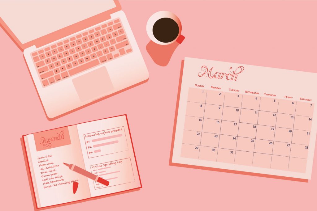 Illustration by Maya Vargas on a laptop, calendar and planner on desk in article about taking class from home
