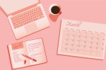Illustration by Maya Vargas on a laptop, calendar and planner on desk in article about taking class from home