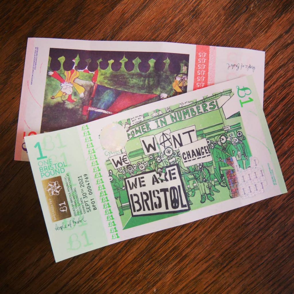 two Bristol pound notes, an example of complementary currency