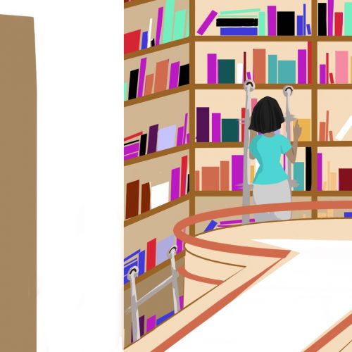 Illustration by Elizabeth Wong of someone in front of bookshelves in a university library