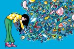Tackling the realities of compassion fatigue in the 21st century, this illustration of a girl reaching out to an overwhelming wave of social issues.