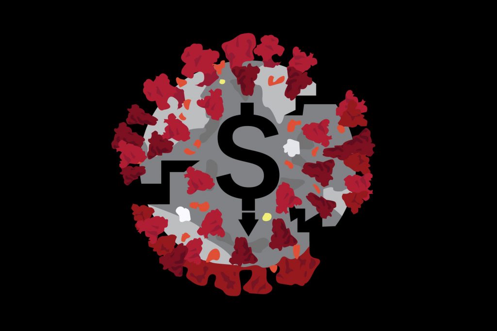COVID-19 virus with dollar sign on it