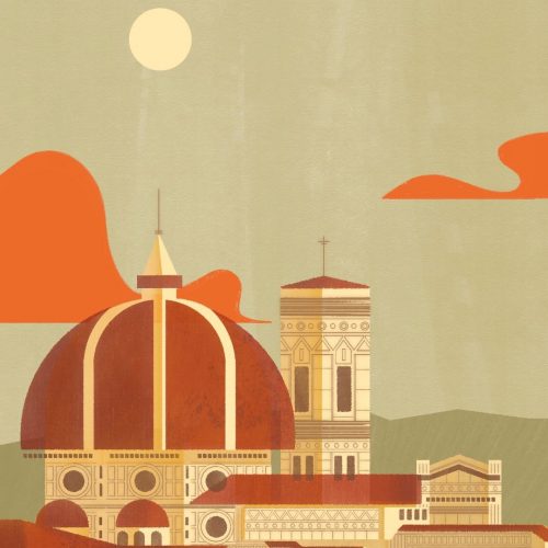 Illustration by Francesca Mahaney of domed buildings in Italy