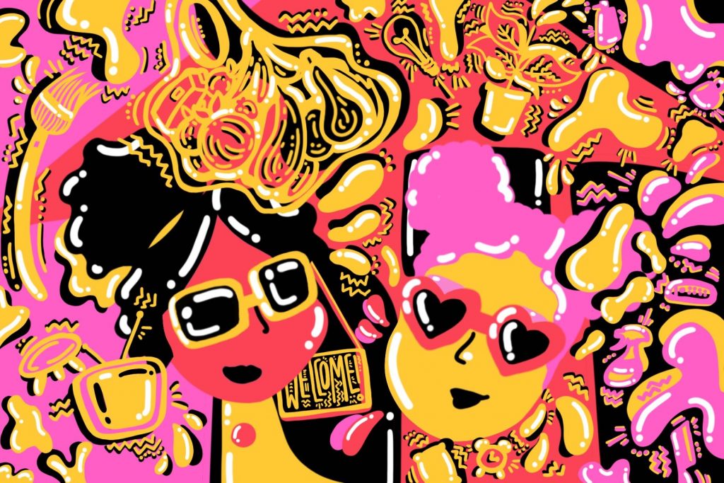 Illustration by Sarah Yu of two faces in sunglasses in an article about living with your best friend