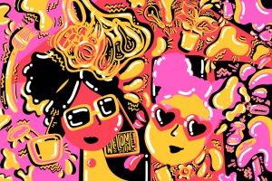 Illustration by Sarah Yu of two faces in sunglasses in an article about living with your best friend