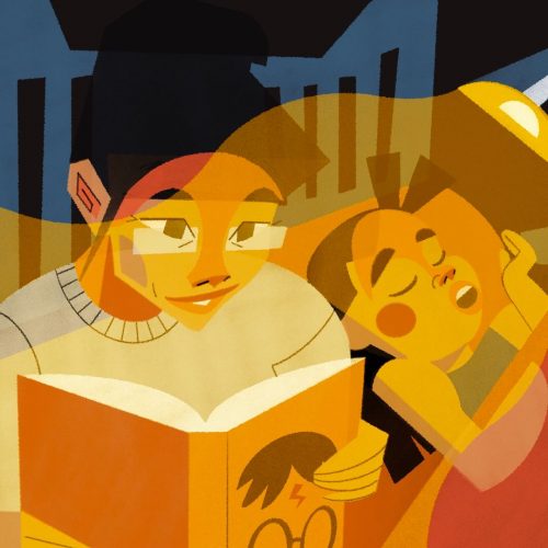 Illustration by Francesca Mahaney of an adult reading a Harry Potter book next to a sleeping child