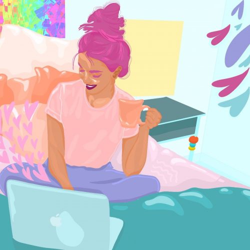 Illustration by Sarah Yu of a woman on her bed with a laptop