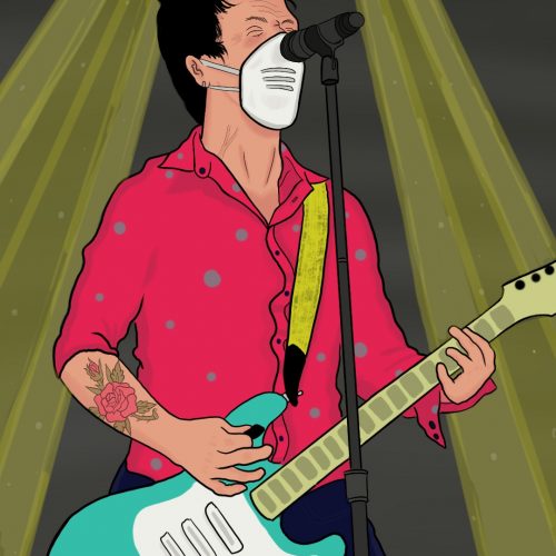 Illustration by Drew Parrott of a rockstar with a protective mask on