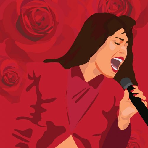 Illustration by Maya Vargas of Selena against a red background