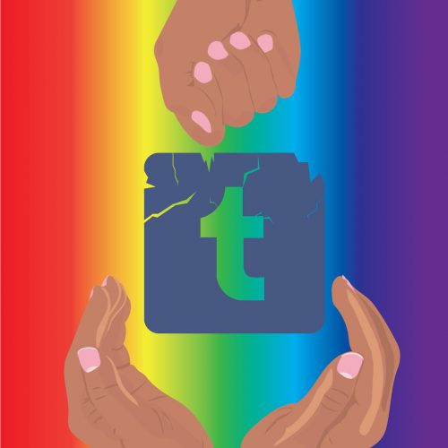 Illustration by Maya Vargas of the Tumblr logo, with a hand above and two hands below, all against a rainbow background