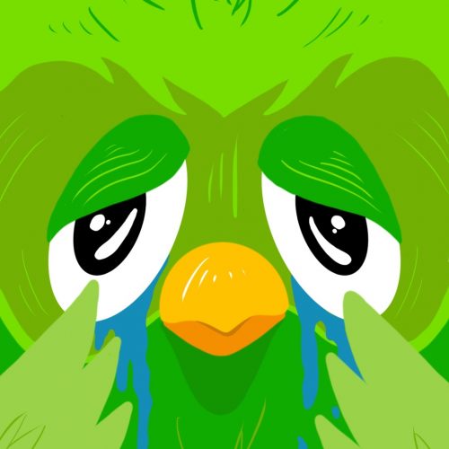 Illustration by Drew Parrott of the Duolingo owl crying