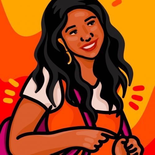 Illustration by Sarah Yu of a character from Never Have I Ever