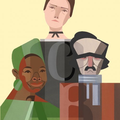 Illustration by Francesca Mahaney of busts of famous poets Maya Angelou, Emily Dickinson and Edgar Allan Poe 