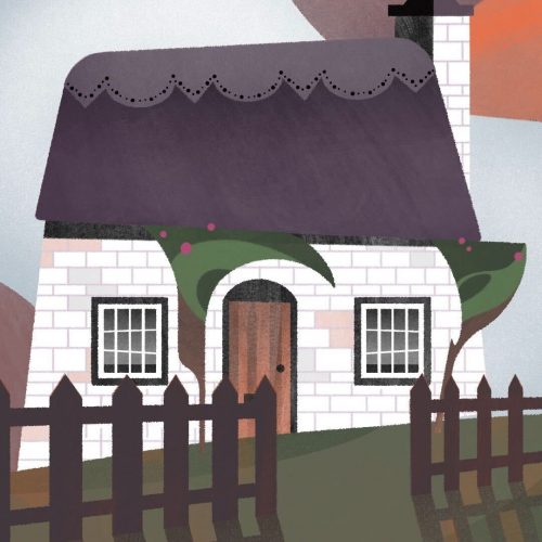 Illustration by Francesca Mahaney of a cottage behind a brown picket fence