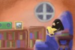 Illustration by Elizabeth Wong of a penguin rereading a book indoors