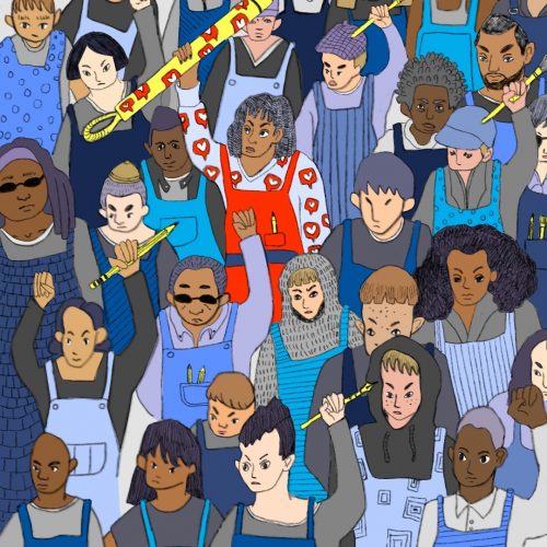 Illustration by Amy Young of a crowd of people, a few with pencils