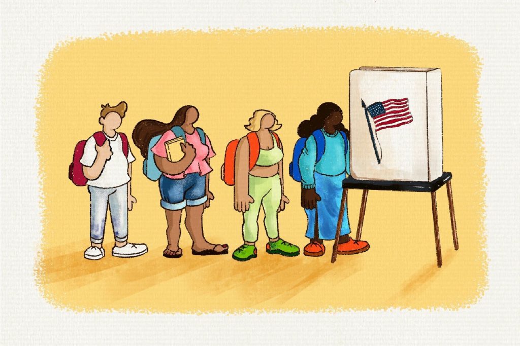 in an article about out-of-state students voting, four people lining up outside of a voting booth