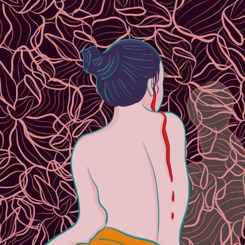 Illustration by June Le of a person looking at a background of squiggly lines
