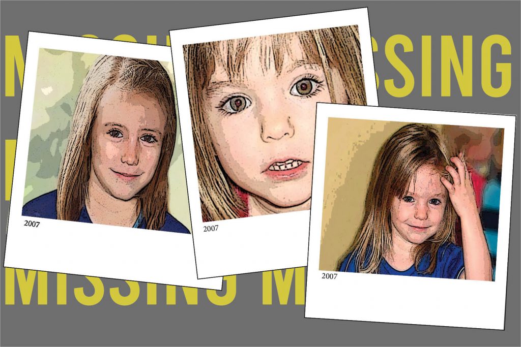 Illustration by Ellen Budell of Madelein McCann in different age renditions