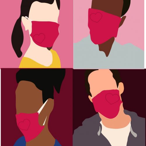 Illustration by Ellen Budell of four people wearing face masks
